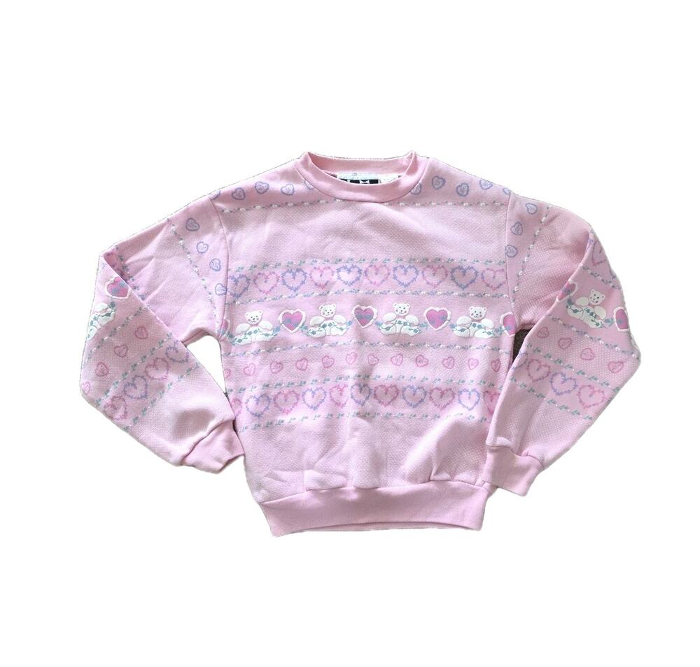Vintage Jet Set Kids Heart Print Crew Sweatshirt Girls L 12-14 Pastel Pink 80s